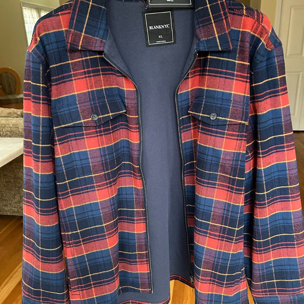 Men’s BLANK NYC Shacket Jacket Plaid, Navy/Red, Size XL – 100% Cotten Shell